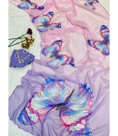 DB956 Beautiful Soft Chiffon Floral Digital Printed Handwork Celebrity Inspired Sarees.