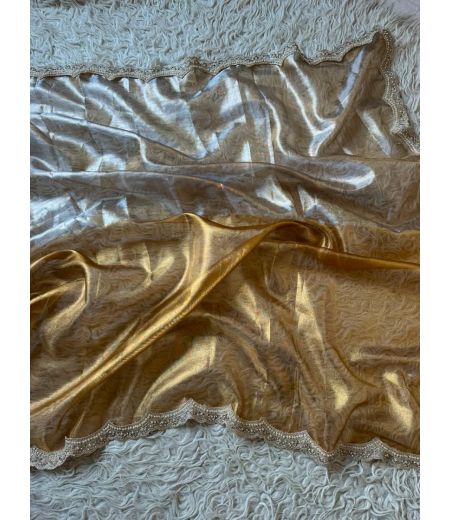 DB952 Beautiful Soft Banarasi Tissue Silk Zari Weaving Celebrity Inspired Sarees with Designer Handwork Lace Border.