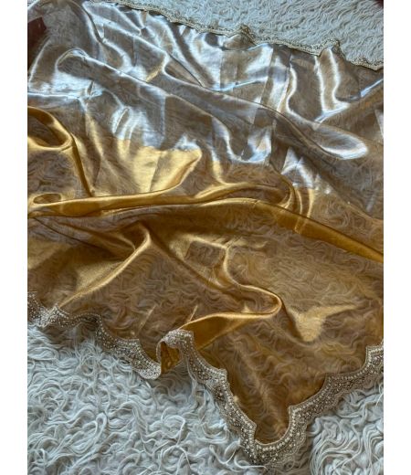 DB952 Beautiful Soft Banarasi Tissue Silk Zari Weaving Celebrity Inspired Sarees with Designer Handwork Lace Border.