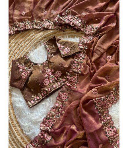 DB960 Beautiful Soft Moss Silk Sequence Emboridary Work Celebrity Inspired Saree with Designer Stitched Blouse.