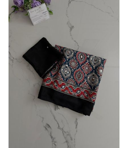 DB970 Beautiful Soft Gajji Sattin Ajrakh Printed Mirror Work Celebrity Inspired Sarees.