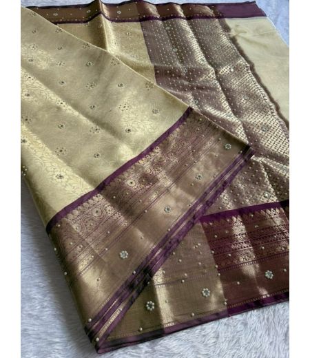 DB966 Beautiful Soft Banarasi Tissue Silk Zari Weaving Stone Work Celebrity Inspired Sarees.