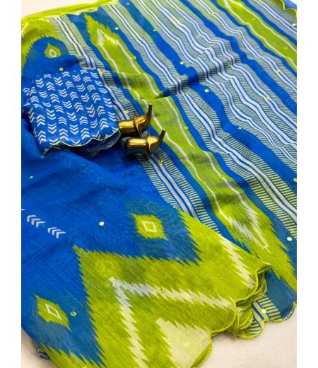 DB984 Beautiful Soft Linen Digital Printed Foil Mirror Work Celebrity Inspired Sarees.