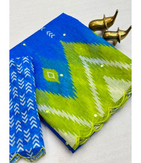 DB984 Beautiful Soft Linen Digital Printed Foil Mirror Work Celebrity Inspired Sarees.