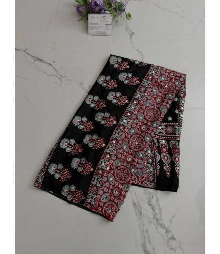 DB987  Beautiful Soft Gajji Sattin Ajrakh Printed Mirror Work Celebrity Inspired Sarees.