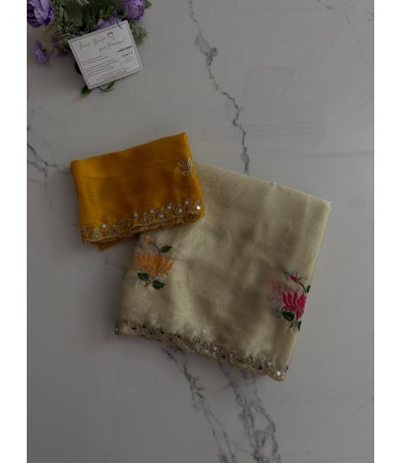 DB994 Beautiful Soft Viscose Rangoli Silk Floral Embroidery Mirror Work Celebrity Inspired Sarees.