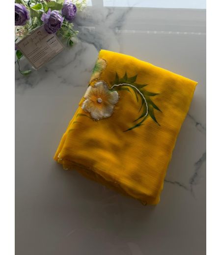 DB1019 Beautiful Soft Chiffon Handbrush Painted Handwork Celebrity Inspired Sarees.