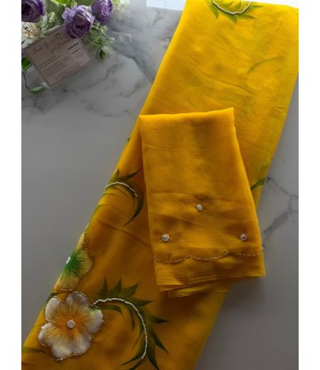 DB1019 Beautiful Soft Chiffon Handbrush Painted Handwork Celebrity Inspired Sarees.