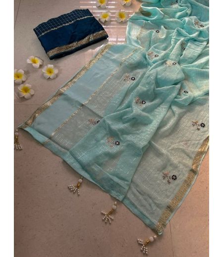 DB1032 Soft Viscose Zari Chex Weaving Embroidery Work Celebrity Inspired Sarees.