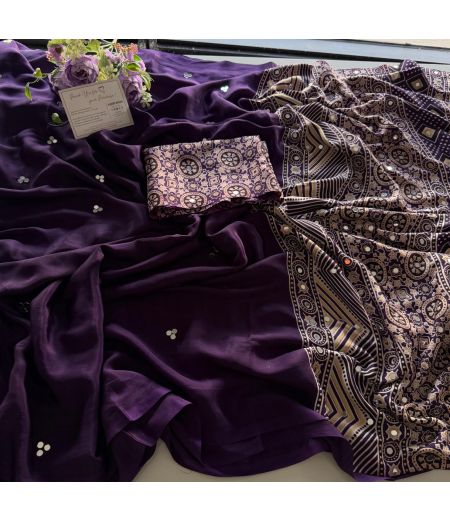 DB1029 Beautiful Soft Gajji Sattin Ajrakh Printed Mirror Work Celebrity Inspired Sarees.