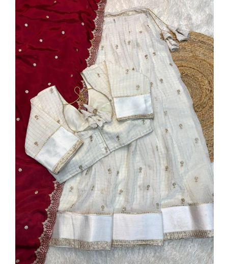 DB1040 Soft Viscose Georgette Zari Chex Weaving Butti Weaving Celebrity Designer Half Sarees Lehenga Sets.