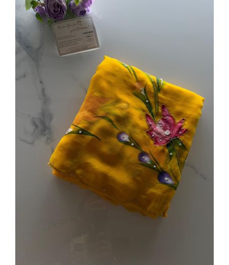 DB1047 Soft Chiffon Handbrush Painted Handwork Celebrity Inspired Sarees.