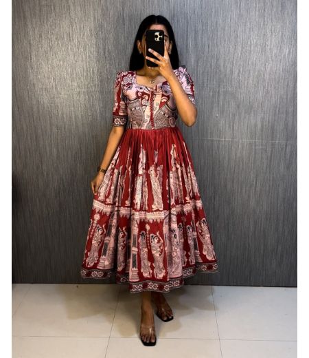 DB1055 Soft Cotton Maslin Silk Kalamkari Printed Celebrity Inspired Gowns.