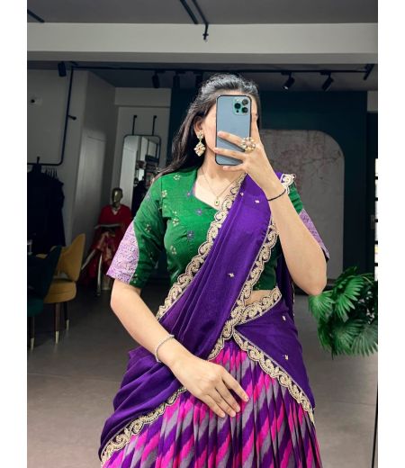 DB1062 Soft Tussar Silk Lehariya Printed Zari Weaving Designer Half Sarees Lehenga Sets.