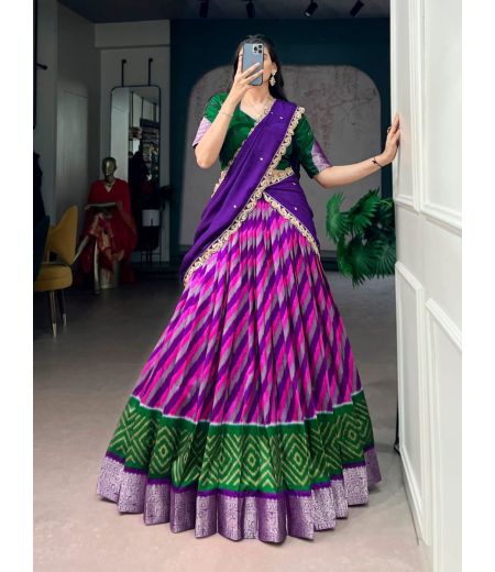 DB1062 Soft Tussar Silk Lehariya Printed Zari Weaving Designer Half Sarees Lehenga Sets.