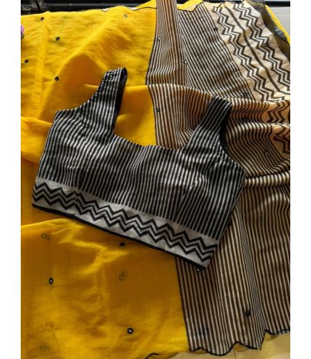 DB1057 Beautiful Soft Linen Cotton Elegant Printed Foil Mirror Work Celebrity Inspired Saree with Designer Stitched Blouse.