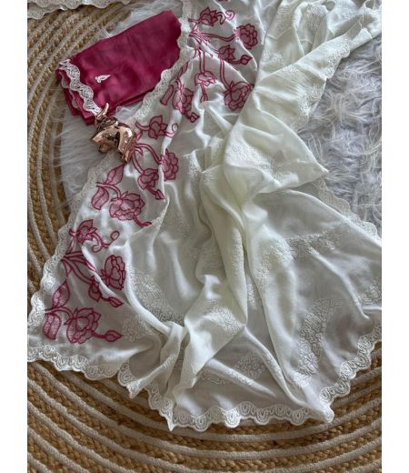 DB1067 Soft Silk Floral Embroidery Work Celebrity Inspired Sarees.