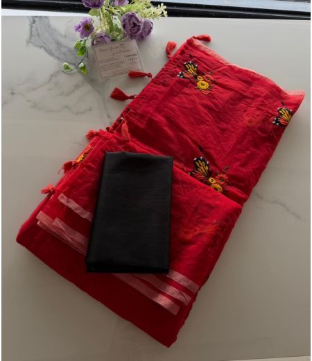 DB1063 Soft Chanderi Cotton Butterfly Multi Embroidery Work Celebrity Inspired Sarees.