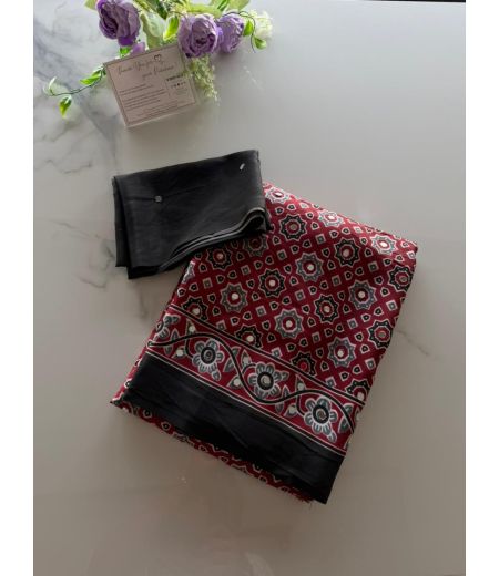 DB1064 Beautiful Soft Gajji Sattin Ajrakh Printed Mirror Work Celebrity Inspired Sarees.