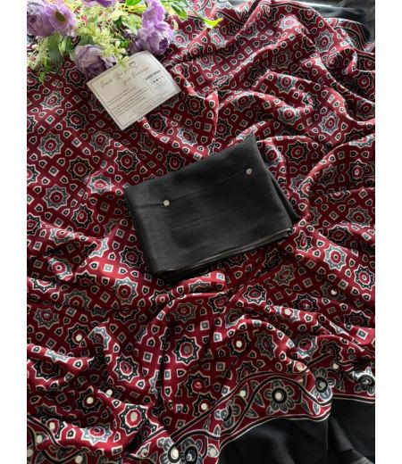 DB1064 Beautiful Soft Gajji Sattin Ajrakh Printed Mirror Work Celebrity Inspired Sarees.