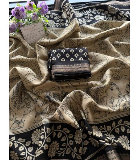 DB1069 Soft Mulmul Cotton Kalamkari Printed Celebrity Inspired Sarees.