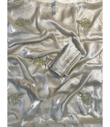 DB1075 Soft Sattin Space Silk Hand Cutdana Work Celebrity Inspired Sarees.