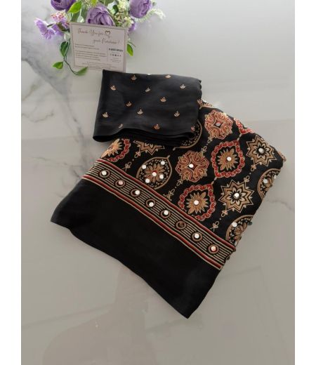 DB1079 Beautiful Soft Gajji Sattin Ajrakh Printed Mirror Work Celebrity Inspired Sarees.