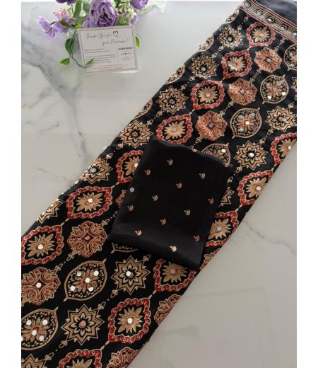 DB1079 Beautiful Soft Gajji Sattin Ajrakh Printed Mirror Work Celebrity Inspired Sarees.