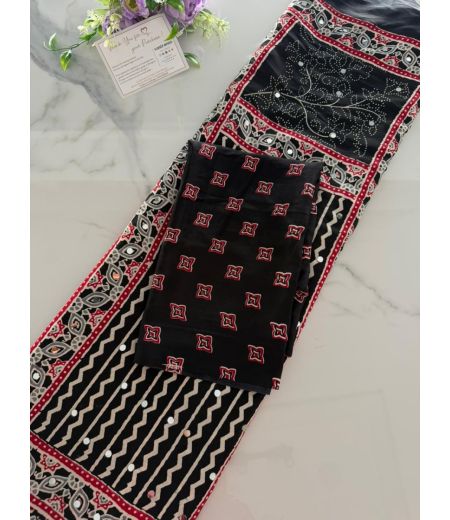 DB1084 Soft Sattin Ajrakh Printed Mirror Work Celebrity Inspired Sarees.