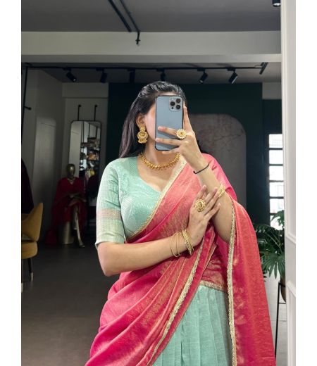 DB1100 Soft Dupion Silk Zari Weaving Designer Half Sarees Lehenga Sets.