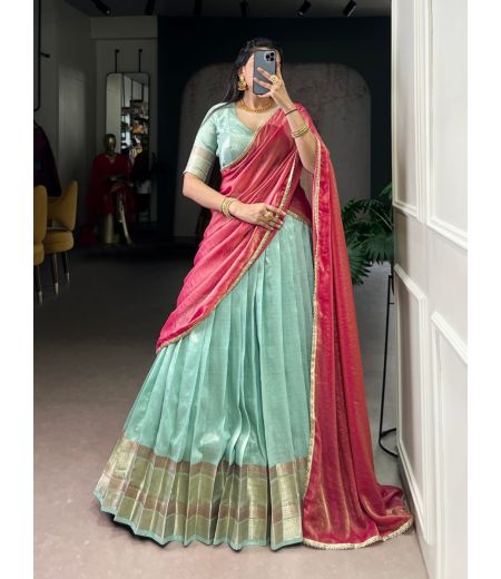 DB1100 Soft Dupion Silk Zari Weaving Designer Half Sarees Lehenga Sets.