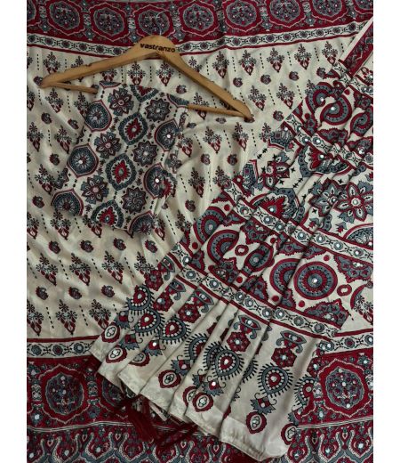 DB1117 Soft Sattin Crape Silk Ajrakh Printed Mirror Work Celebrity Inspired Sarees.