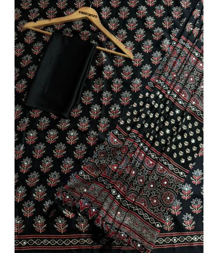 DB1128 Soft Crape Silk Ajrakh Printed Mirror Work Celebrity Inspired Sarees.