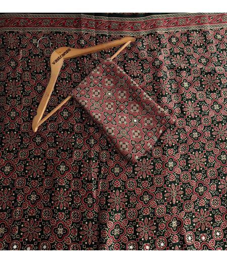 DB1129 Soft Japan Sattin Silk Ajrakh Printed Mirror Work Celebrity Inspired Sarees.