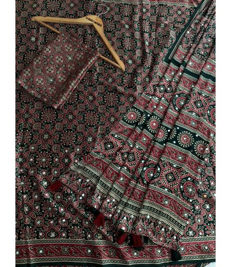 DB1129 Soft Japan Sattin Silk Ajrakh Printed Mirror Work Celebrity Inspired Sarees.