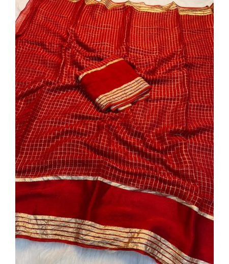 DB1135  Soft Viscose Georgette Zari Chex Weaving Sarees With Sartin Border.