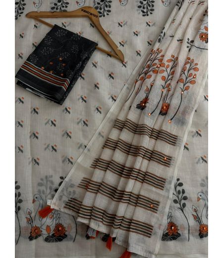 DB1140 Soft Linen Cotton Elegant Printed Mirror Work Celebrity Inspired Sarees.