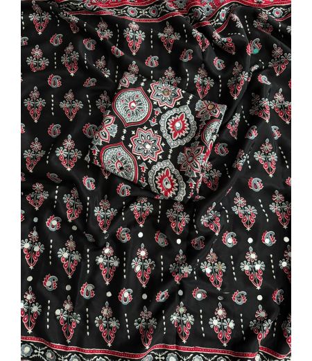 DB1138 Soft Crape Silk Ajrakh Printed Mirror Work Celebrity Inspired Sarees.