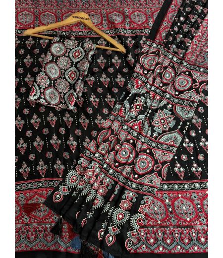 DB1138 Soft Crape Silk Ajrakh Printed Mirror Work Celebrity Inspired Sarees.