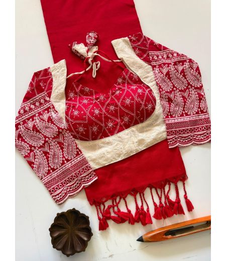 DB1141  Soft Mulmul Cotton Sarees with Embroidery Work Designer Stitched Blouse.
