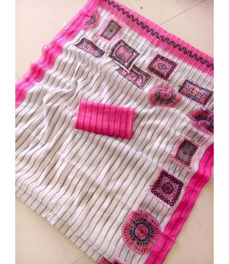 DB1144 Soft Plain Linen Cotton Elegant Printed Foil Mirror Work Sarees.