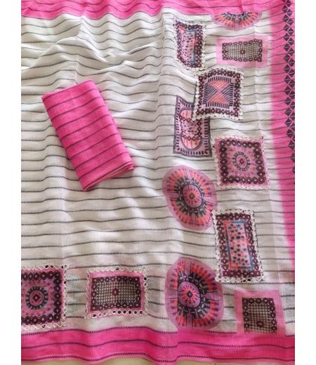 DB1144 Soft Plain Linen Cotton Elegant Printed Foil Mirror Work Sarees.