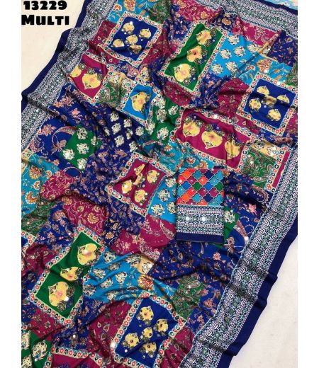 DB1150 Soft Sattin Crape Silk Ajrakh Printed Mirror Work Celebrity Inspired Sarees.