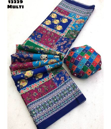 DB1150 Soft Sattin Crape Silk Ajrakh Printed Mirror Work Celebrity Inspired Sarees.