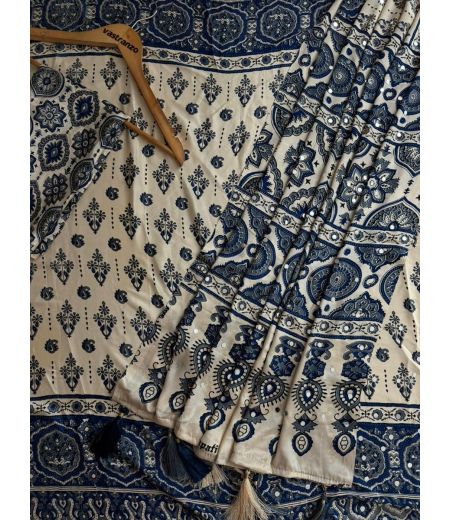 DB1166 Beautiful Soft Gajji Sattin Ajrakh Printed Mirror Work Celebrity Inspired Sarees.