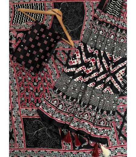 DB1171 Beautiful Soft Gajji Sattin Ajrakh Printed Mirror Work Celebrity Inspired Sarees.
