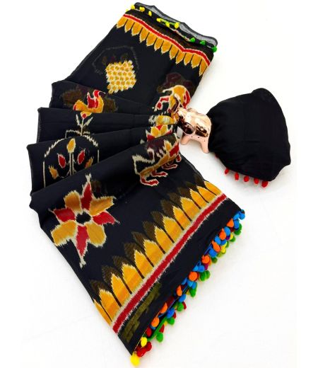 DB1182 Soft Mulmul Cotton Elegant Printed Sarees with PomPom Border.