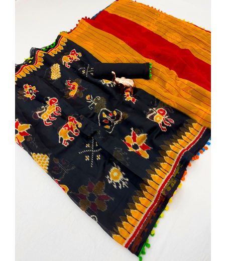 DB1182 Soft Mulmul Cotton Elegant Printed Sarees with PomPom Border.