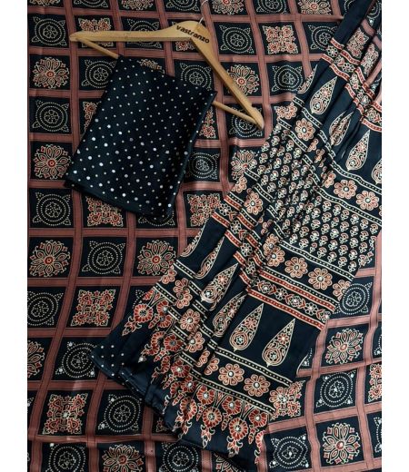 DB1178 Soft Gajji Sattin Silk Ajrakh Printed Mirror Work Celebrity Inspired Sarees.