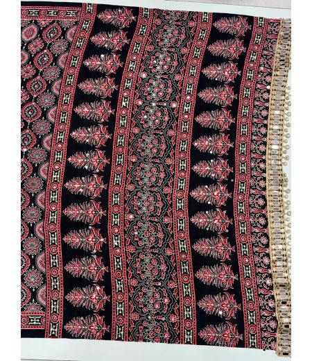 DB1188 Soft Sartin Viscose Silk Ajrakh Printed Mirror Work Sarees.